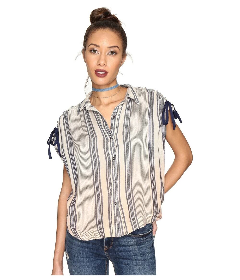 Free People Baby Blues Stripe Button Down Shirt SIZE L Beige Cream Sleeveless